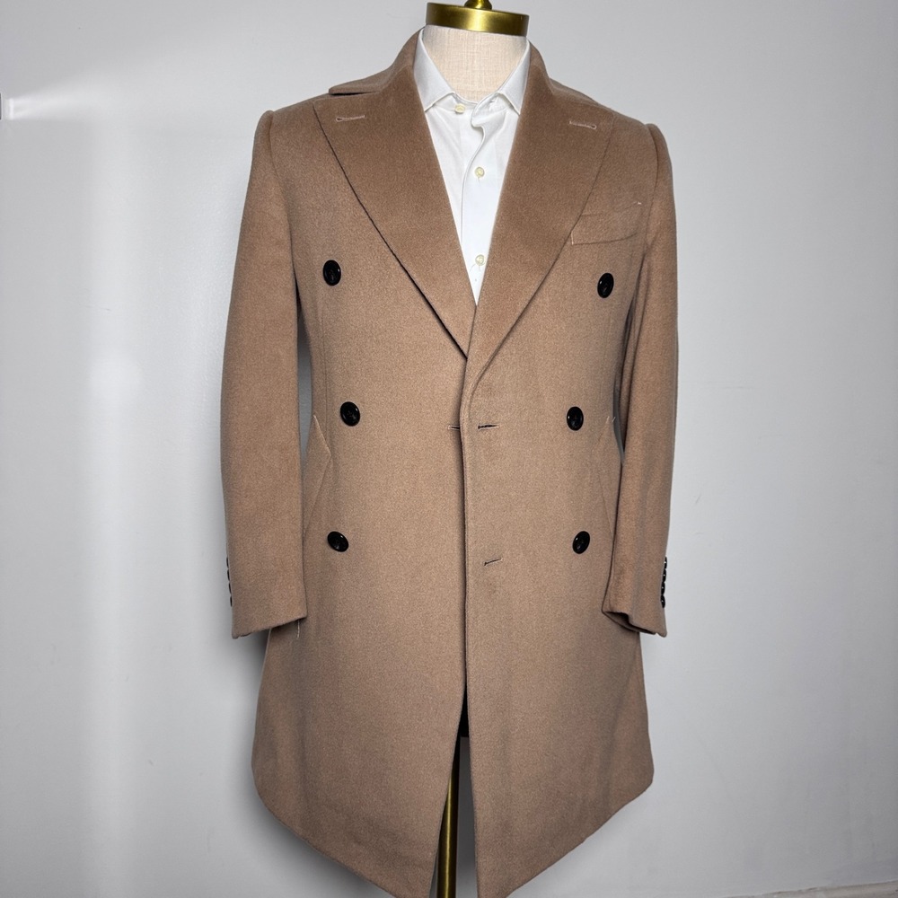 Indochino Overcoat Mens 36S Camel Tan Solid Wool Cashmere Double Breasted Coat